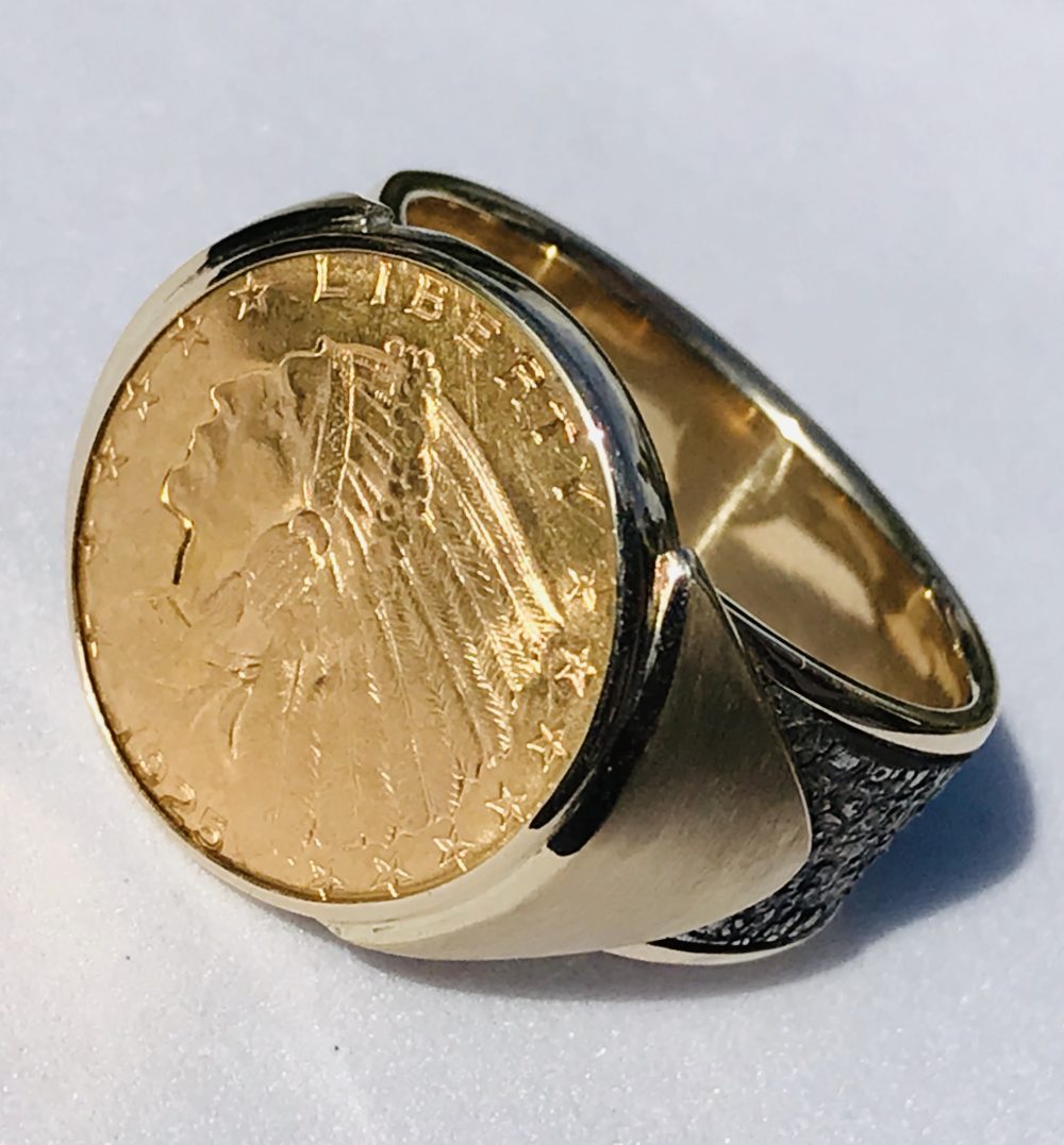 18K Yellow Gold Men's Peso Gold Coin Ring 1945 Mexico Peso Size ...